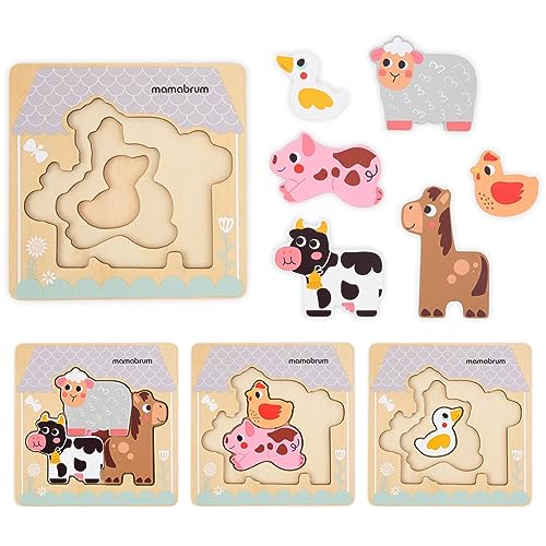 Mamabrum, mehrschichtiges Holzpuzzle – Bauernhoftiere, 1 Holzsockel, 6 Tiere, 2 Schichten, buntes Puzzle, hohe Haltbarkeit, sicher für Kinder holzpuzzle Kinder von mamabrum