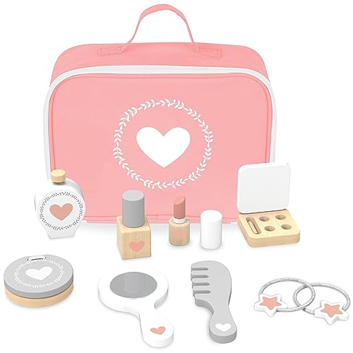 Mamabrum,Holz Make-Up Set, Spiegel, Puder, Nagellack, Lippenstift, Kamm, Parfum Palette, Kosmetiktasche, Haargummi, Für Kinder kinderschminken Set schminkkoffer Kinder von mamabrum