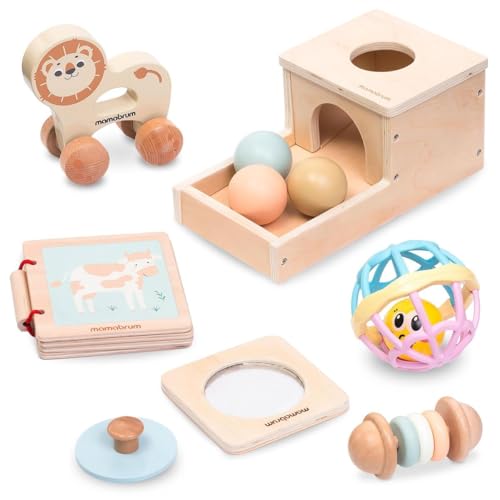 Mamabrum Baby Montessori Spielzeug Set 7-12 Monate - 6 Holzbauteile für Motorik und Kognition Entwicklung, Sichere Materialien, Dezentes Design, Kreatives Spielzeug von mamabrum