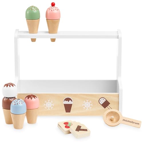 Mamabrum Holz-EIS-Shop für Kinder 3+, Eisdiele Spielset, Zubehör für Spielküche, Spielnahrung, Spielspielzeug Rad - Koch, Montessori Spielzeug von mamabrum