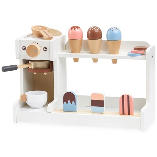 Mamabrum Holz-Eiscafé Spielset für Kinder 3+ – Inklusive Kaffeemaschine und Spielzeugeis – Perfekt für kreative Rollenspiele von mamabrum