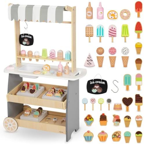 Mamabrum Holz Eisdiele für Kinder 3+, Rollwagen mit Eis, Verkäufer spielen, Dezentes Design, Reichhaltige Accessoires, Entwickelt Kreativität und Soziale Fähigkeiten von mamabrum