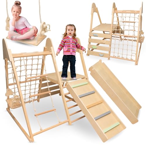 Mamabrum Holz Haustier Spielplatz XL 5in1, Rutsche, Schaukel, Kletterwand, Netz und Leiter für Aktive Kleinkind, Stabil, Für Aktiv-Homepage, Unterstützung Baby Entwicklung von mamabrum