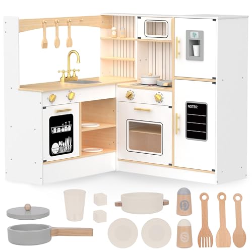 Mamabrum Holz Kinderküche 3+, Große, Interaktive Spielküche XXXL, Küchenset mit Kühlschrank, Mikrowelle, Spülbecken, Backofen, Geschirrspüler und Zubehör von mamabrum