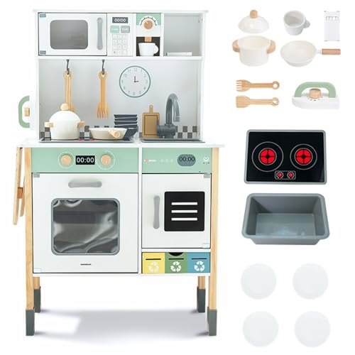 Mamabrum Holz-Kinderküche mit Mikrowelle für Kinder 3+, Herd, Backofen und Waschmaschine – Interaktive Spielküche mit Zubehör, Licht und Ton – Perfekt für kreatives Rollenspiel von mamabrum