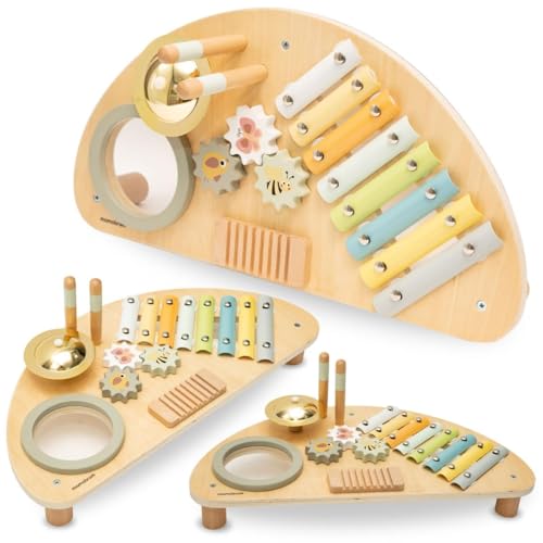 Mamabrum Holz Musikcenter für Kinder 9m+, Multifunktionales Instrumentalspielzeug, Xylophon, Mini Schlagzeug, Sicher und Ideal für die Entwicklung der musikalischen Fähigkeiten von mamabrum