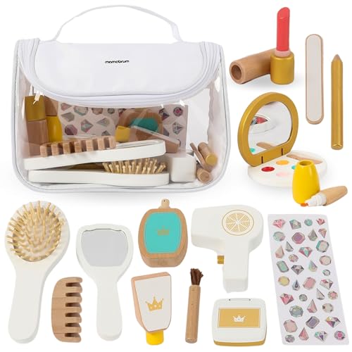 Mamabrum Holz-Schminkset für Kinder 3+, 15-teiliges Kosmetik-Set mit Zubehör, Kosmetiktasche, Spiegel und Accessoires, Rollenspiel Lernspielzeug von mamabrum