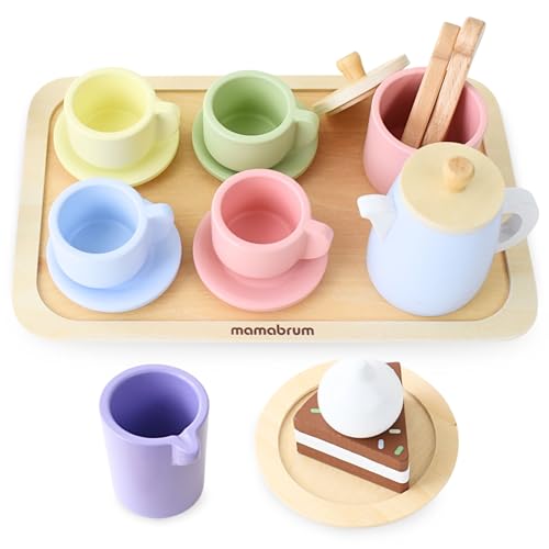 Mamabrum Holz Teeset Kinderspielzeug, Toy Teeservice mit Tablett - 16 teilig, Tassen, Spielkuchen, Spielspaß, Kochen Spielzeug Holz Tee Set Kinder von mamabrum