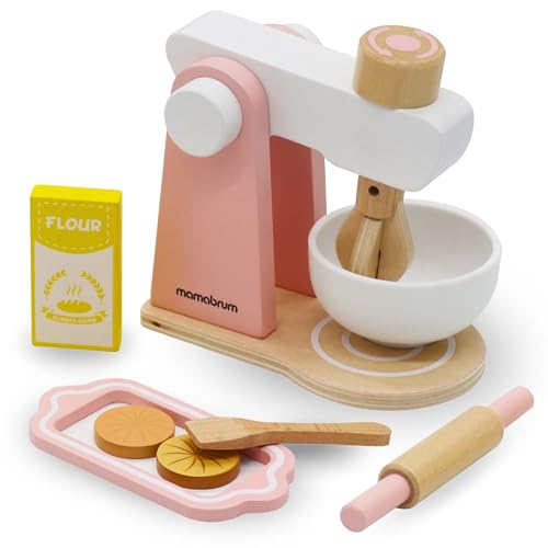 Mamabrum Holzmixer mit Kinderzubehör, Spielzeugmixer für Kleinkind, Zubehör für Kinderküche, Koch-Spielset: Mixer, Zubehör & Kekse (Rose) von mamabrum