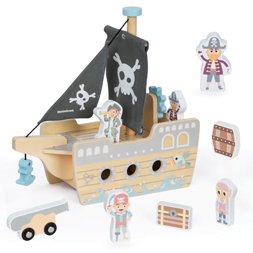 Mamabrum Holzpiratenschiff für Kinder ab 3 Jahre, Boot Spielzeug mit Öffnungsdeck und Zubehör im Set, Spielzeug Piratenschiff mit Piraten Figuren Piratenschiff spielset von mamabrum