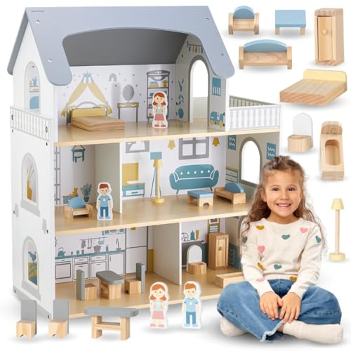 Mamabrum Großes Holzpuppenhaus mit Möbeln und Figuren Kinder, Fördert Fantasie und Soziale Fähigkeiten, 3-Etagen-Spielhaus von mamabrum