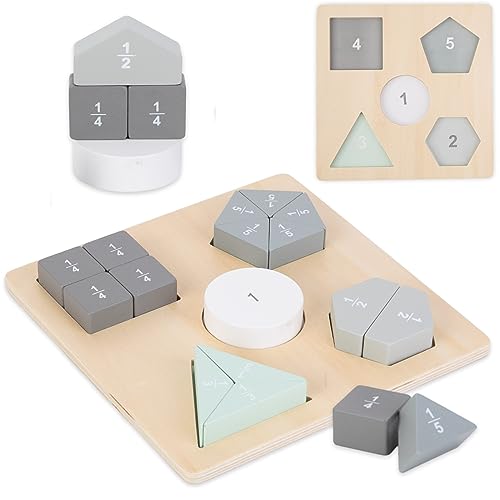 Mamabrum Holzpuzzle – Montessori-Puzzle – Brüche und geometrische Figuren, Zahlenerkennung, geometrische Figuren, Brüche, 16 Bunte Blöcke Puzzle für Kinder Mathespiel von mamabrum