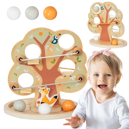 Mamabrum Holzspielzeug für Kinder 18m+, Pipe Shaped Bäume, Entwickelt Phantasie, Koordination und Manuelle Leistungsfähigkeit, 4 Ebenen Abfahrt, 3 Bunte Kugeln, Stabile Konstruktion von mamabrum