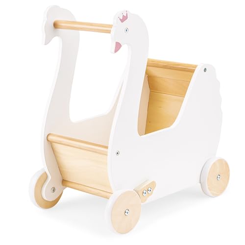 Mamabrum Holzwagen für Puppen, Trittlernfördernd - Schwan, Baby Walker, Kinderwagen, Spieltiere, Spieltiere, rutschfeste Räder puppenwagen Holz Weiss puppenwagen Holz von mamabrum