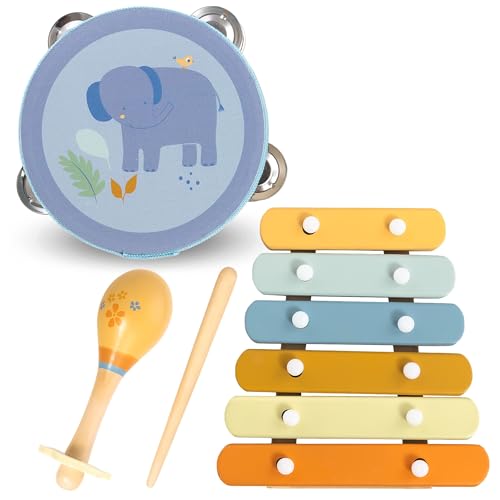 Mamabrum Instrumenten-Set für Kinder mit Elefanten Motiv: Trommel, Maracas, Xylophon, Pädagogisches Spielzeug zur Unterstützung der Manuellen und Sensorischen Entwicklung, Kreativ Spaß, Subtile Farben von mamabrum