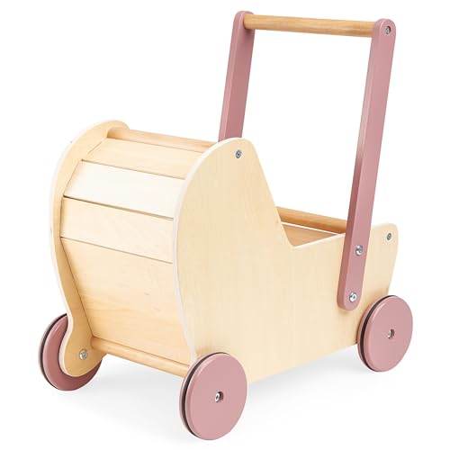 Mamabrum Lauflernwagen aus Holz für Puppen – Kinderwagen-Spielzeug, Unterstützung der motorischen Entwicklung, abgerundete Kanten, für Kleinkinder ab 18 Monaten von mamabrum