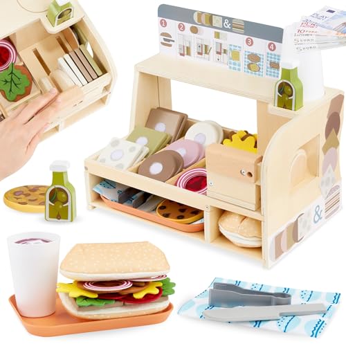 Mamabrum Sandwichbar Holzspielzeug - Kreatives Rollenspielset mit Zubehör für Kinder, Restaurant & Küche, pädagogisches Spielzeug ab 3 Jahren, ideal für fantasievolles Spielen von mamabrum