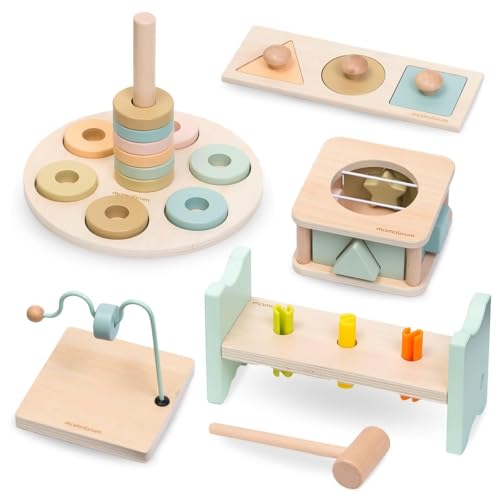 Mamabrum Spielset Montessori für Kinder 13-18 Monate - 5 Holzbauteile für Motorik und Knowhow, Dezentliches Design, Ideal Geschenk für Baby von mamabrum