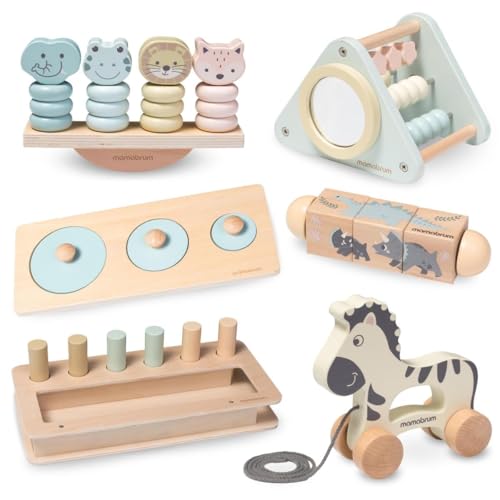 Mamabrum Spielset Montessori für Kinder 19-24 Monate, Pädagogisches Spiel Unterstützung Manuelle und Sensorische Entwicklung, 6 Holzelemente, Minimalistischen Stil von mamabrum