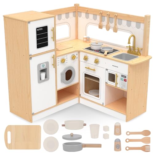 Mamabrum XXL Eck-Holzküche für Kinder – Interaktive Spielküche mit Kühlschrank, Backofen, Waschmaschine und Zubehör – Realistische Geräusche und LED-Beleuchtung von mamabrum