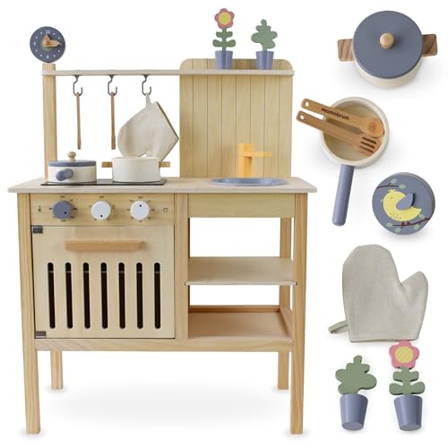 mamabrum Holzküche für Kinder 3+, Spielzeug-Gartenküche im Boho Stil mit Accessoires, Kinderküche für Haus und Garten von mamabrum