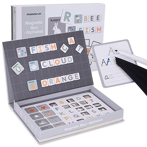 mamabrum, Magnetpuzzle – Alphabet – Schreiben Lernen, 1 Magnetbox, löschbarer Marker, Stoff, 26 Karten, 78 Magnetplättchen, für Kinder von mamabrum