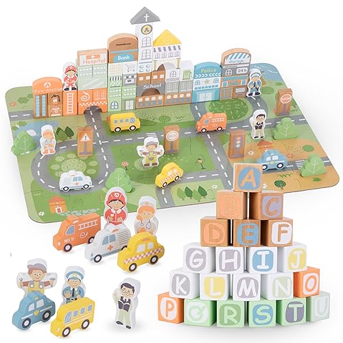 Mamabrum, Stadtblock-Set aus Holz – 100 Elemente, 65 Holzblöcke, 35 Puzzle-Elemente, für Kinder ab 24 Monaten montessori bausteine Kork bausteine kinder von mamabrum