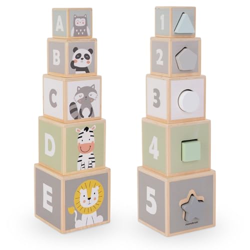 Mamabrum, Turm aus Holz – Formensortierer Zahlen Alphabet Tiere, 5 Würfel aus Holz, 5 Elemente mit geometrischen Formen stapelturm mit Tieren Baby stapelspielzeug von mamabrum