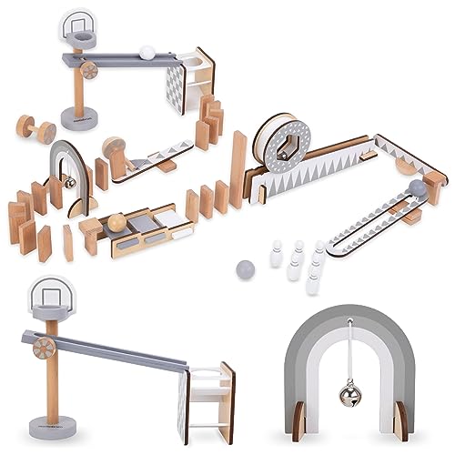 mamabrum Dominosteine und Kugelbahn – Hölzernes Spielset für Kinder, Motorikspielzeug mit 48 Elementen, Kreativer Hindernisparcours von mamabrum