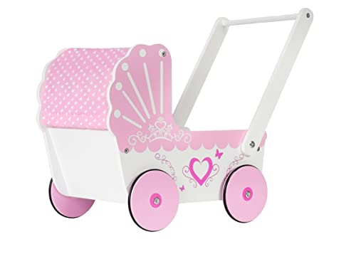 mamabrum Holzpuppenwagen, Walker, Pusher, Doll Kinderwagen, Gondel, Retro Style Kinderwagen, Holz Pusher für Mädchen, Anti-Rutsch-Räder, Laufen Lernen, Rosa von mamabrum