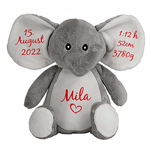 mamir home Elefant Baby Geschenk Kuscheltier personalisiert mit Name & Geburtsdaten I 28cm I Geschenkidee zur Geburt I Taufe, Geburtstag & Weihnachten von mamir home