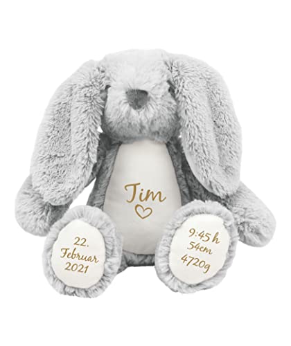 mamir home Hase Baby Geschenk Kuscheltier personalisiert mit Name & Geburtsdaten I 34cm I Geschenkidee zur Geburt I Taufe, Geburtstag & Weihnachten von mamir home