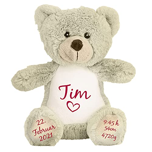 mamir home Teddy Baby Geschenk Kuscheltier personalisiert mit Name & Geburtsdaten I 22cm Teddybär I Geschenkidee zur Geburt I Taufe, Geburtstag & Weihnachten von mamir home