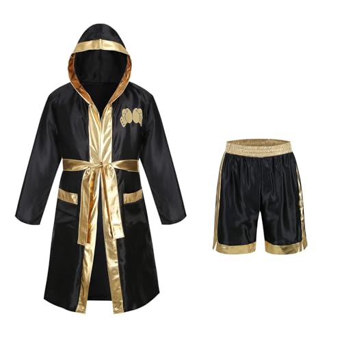 maxToonrain Boxer Fancy Fress Herren-Kostüm, Holloween-Kostüm, lustiger Fleckendruck, mit Kapuze, Boxkostüm, Robe und Boxershorts, Outfit (Gold, Größe 3XL) von maxToonrain