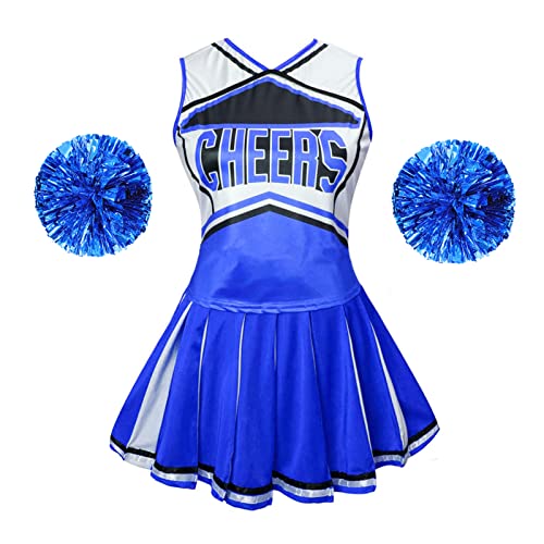 maxToonrain Cheerleader-Kostüm Damen mit Pompons in Übergröße, High School Girl Outfit, Fancy Top und Rock Uniform (Klassisches Blau, Large) von maxToonrain