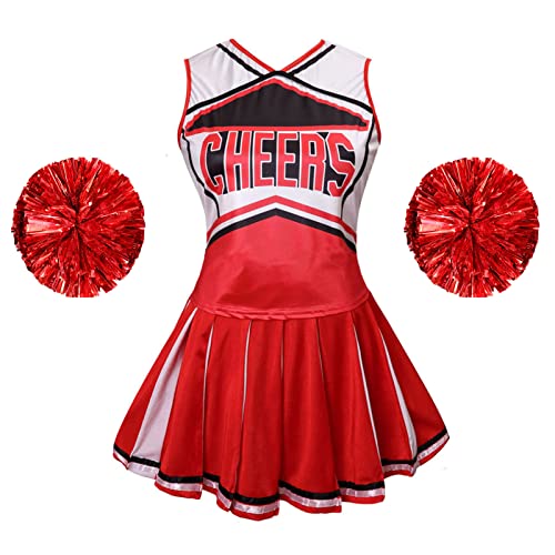 maxToonrain Cheerleader-Kostüm Damen mit Pompons in Übergröße, High School Girl Outfit, Fancy Top und Rock Uniform (klassisches Rot, S) von maxToonrain