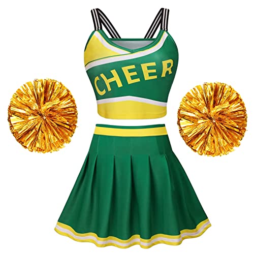 maxToonrain Cheerleader-Kostüm für Damen, zweiteilig, Cheerleader-Kostüm, High School-Träger, Cheerleader-Pompons + Outfit, Uniformrock, Kostüme für Frauen, Halloween (grün, XL) von maxToonrain