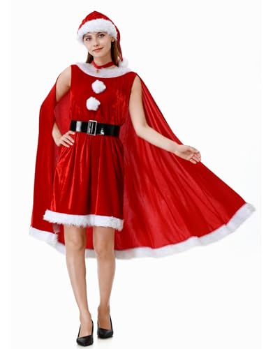 maxToonrain Damen-Kostüm, Weihnachts-Kostüm, Weihnachts-Kostüm, Weihnachtsmannmütze + Weihnachtskleider, roter Samtkostüme für Damen, Rot, 4 Stück, Größe L von maxToonrain