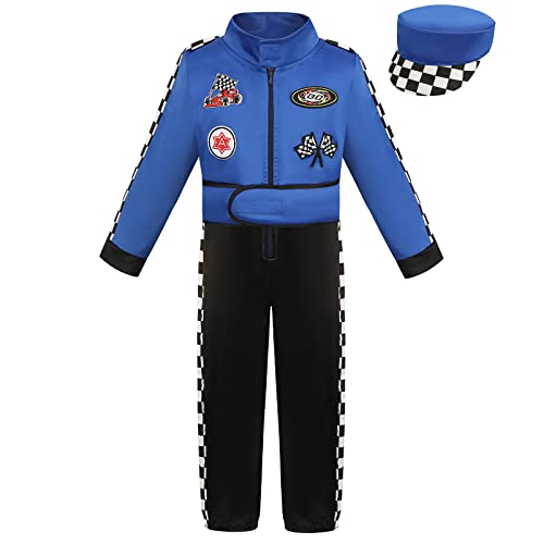 maxToonrain Deluxe Rennfahrer-Kostüm für Kinder, Rollenspiel, Jungen, Rennautofahrer, Outfit für Halloween, Weihnachten, Verkleidungsset mit Hut (blau, 5–6 Jahre) von maxToonrain