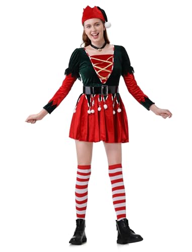 maxToonrain Elfenkostüm, Weihnachts-Outfits für Damen, Samt, langärmelig, Weihnachtsmann-Kostüm, Elfenkleid, Elfenkleid, Elfenkleid, Elfenkleid, rote Hose, Weihnachts-Kostüm-Set für Erwachsene (B Set von maxToonrain