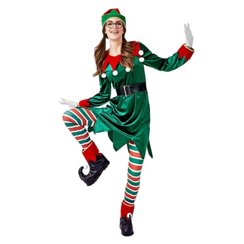 maxToonrain Elfenkostüm für Damen, Weihnachtsmann-Party, langärmelig, Samt-Elfenkleid + rote Hose + Elfenmütze, Outfit-Set für Erwachsene (ein Set, 7-teilig, S) von maxToonrain