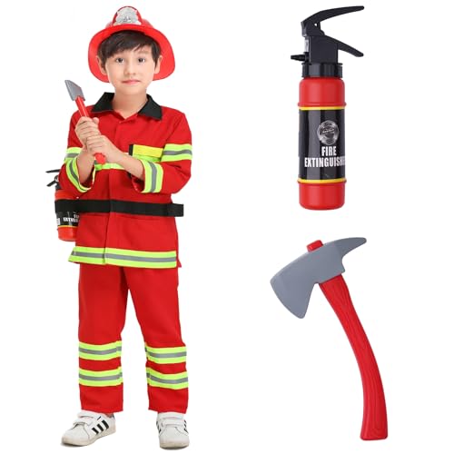 maxToonrain Rotes Feuerwehrmann-Kostüm für Kinder, Jungen und Mädchen, Feuerwehrmann-Kostüm, Rollenspiel, Halloween, Weihnachten, Verkleidung mit Feuerlöscher-Axt-Abzeichen (2–3 Jahre) von maxToonrain