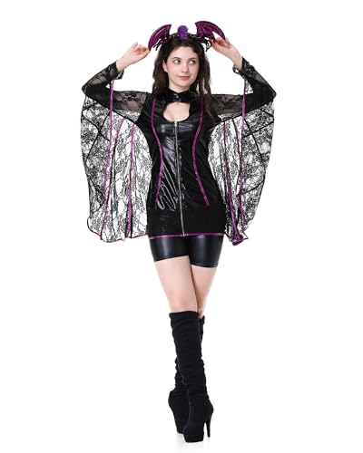 maxToonrain Fledermaus-Kostüm für Damen, Halloween-Kostüm, für Erwachsene, lustig, gruselig, Spitze, Fledermausflügel + Fledermausohren + schwarze Shorts, Outfit-Zubehör für Damen (Schwarz, M) von maxToonrain