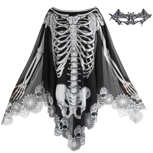 maxToonrain Halloween Geist Kostüm Spitze Skelett Poncho Gespenstischer Geist Tag der Toten Gruselverkleidung mit Fledermausmaske 150 x 150 cm (Spinnennetz, Schwarz) von maxToonrain