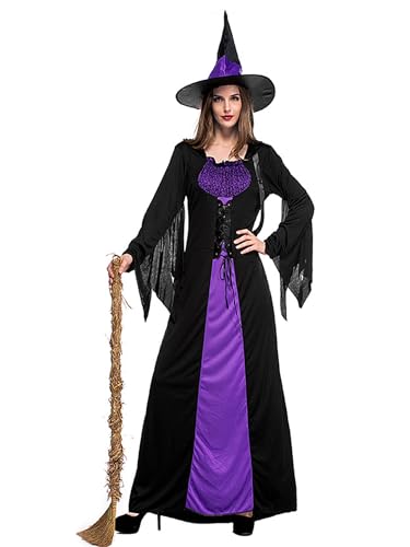 maxToonrain Hexenkostüme für Damen, Halloween-Kostüme, Cosplay, Party, böse Hexenhut, Kleider, Outfits, Verkleidung für Damen (violetter Fleck, Größe XL) von maxToonrain