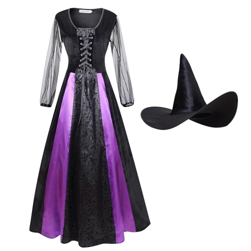 maxToonrain Hexenkostüme für Damen, XS, Halloween-Kostüme, Cosplay, Party, böse Hexenhut, Kleider, Outfits, Verkleidung für Damen (violette Spitze, XL) von maxToonrain