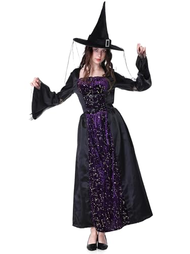 maxToonrain Hexenkostüm für Erwachsene, Damen, Übergröße, Halloween-Kostüm, Outfit, Erwachsene, Hokus-Pokus, gruseliger Hexenhut + Samtkleider für Damen, Größe L (Violett, L) von maxToonrain