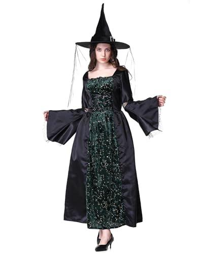 maxToonrain Hexenkostüm für Erwachsene, Damen, Zubehör, Halloween-Kostüme, Outfits, Erwachsene, Hokuspokus, gruseliger Hexenhut + Samtkleider für Damen, Größe M (Grün, M) von maxToonrain