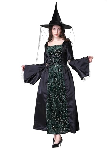 maxToonrain Hexenkostüm für Erwachsene, Halloween-Kostüme, Outfits, Erwachsene, Hokuspokus, gruseliger Hexenhut + Samtkleider für Damen, Größe XL (Grün, XL) von maxToonrain