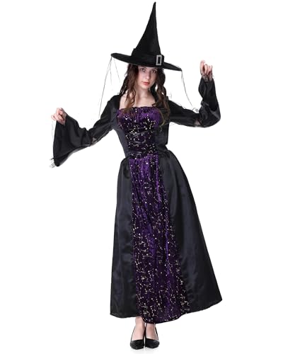 maxToonrain Hexenkostüm für Erwachsene, kurz, Halloween-Kostüm, Outfit, Erwachsene, Hokus-Pokus, gruseliger Hexenhut + Samtkleider für Damen, Größe XL (Violett, XL) von maxToonrain